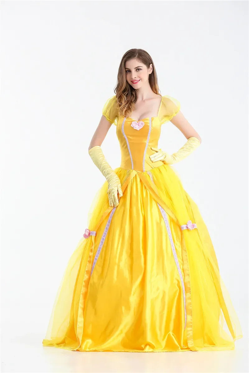 S-XXL Fairy Tale Adult women Costume Adult Halloween Princess Belle Cosplay Fancy Flower Yellow Long Dress