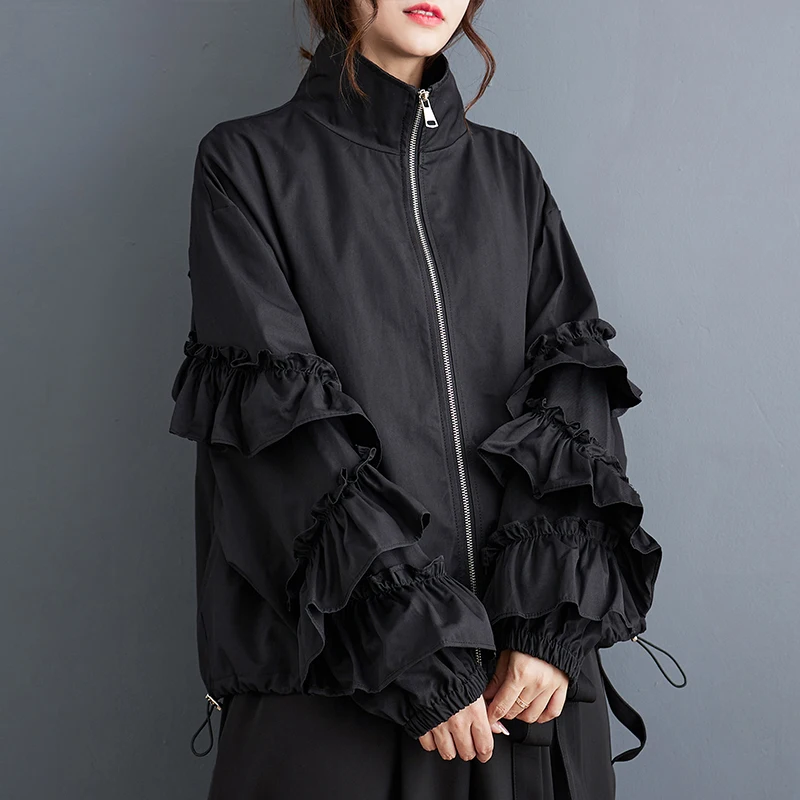 Women\'s Black Solid Color Ruched Jacket Casual Loose All Match Oversize Fashion Standing Vintage Collar Coat 2023 Spring Autumn