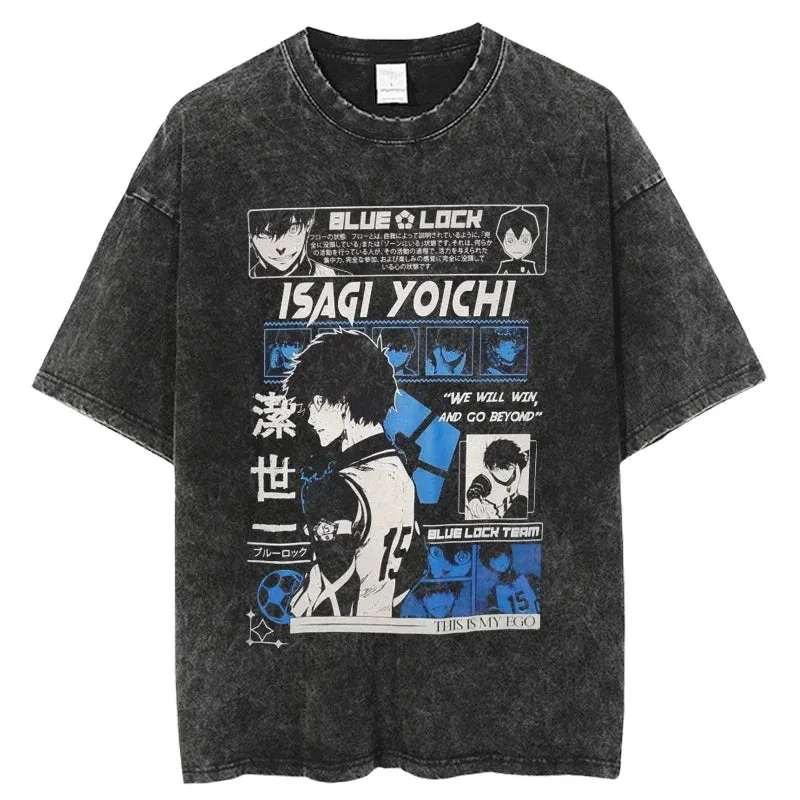 

Blue Lock Isagi Yoichi Vintage Washed Cotton T Shirt Men Women 2026 Summer Oversized Streetwear Anime Soccer Casual Tops
