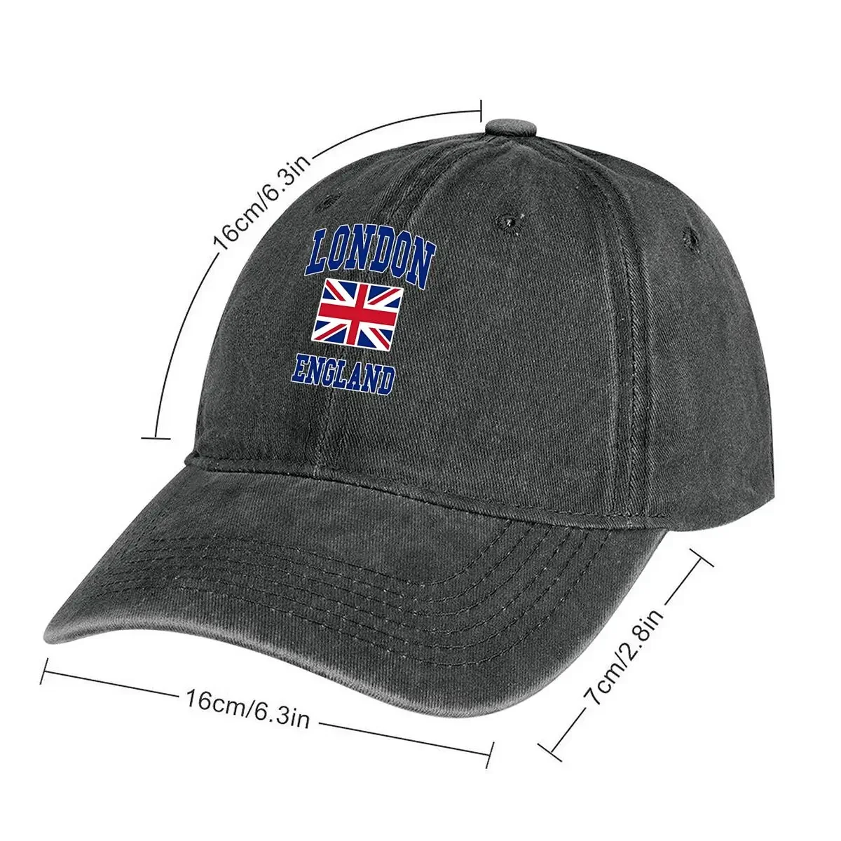 London England design with Union Jack flag and bold text national and location related Washed Baseball Cap