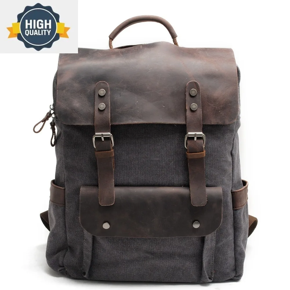 

backpack laptop men's waxed canvas Backpack Vintage Canvas Leather School Bag Neutral Portable Wearproof Travel