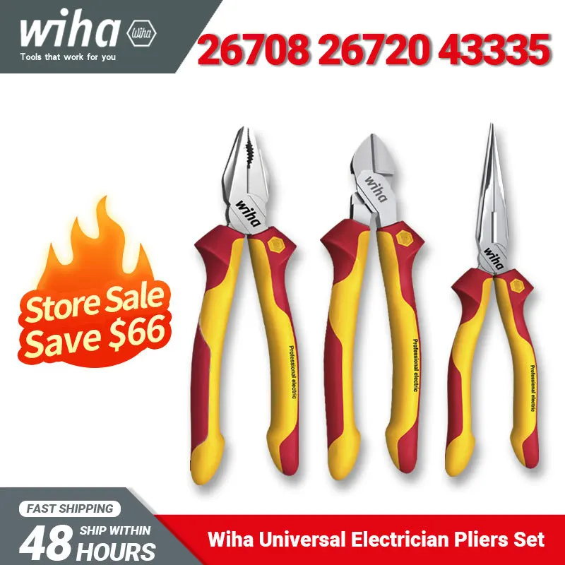 

Wiha Tool Set 26708 Combination Pliers and 26720 Insualted Needle Nose Pliers and 43335 Diagonal Pliers 1000V VDE Tools