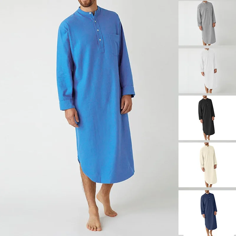 Spring and Autumn Muslim Arab Nightgown Long Sleeved Button Solid Color Shirt Long Robe for Men