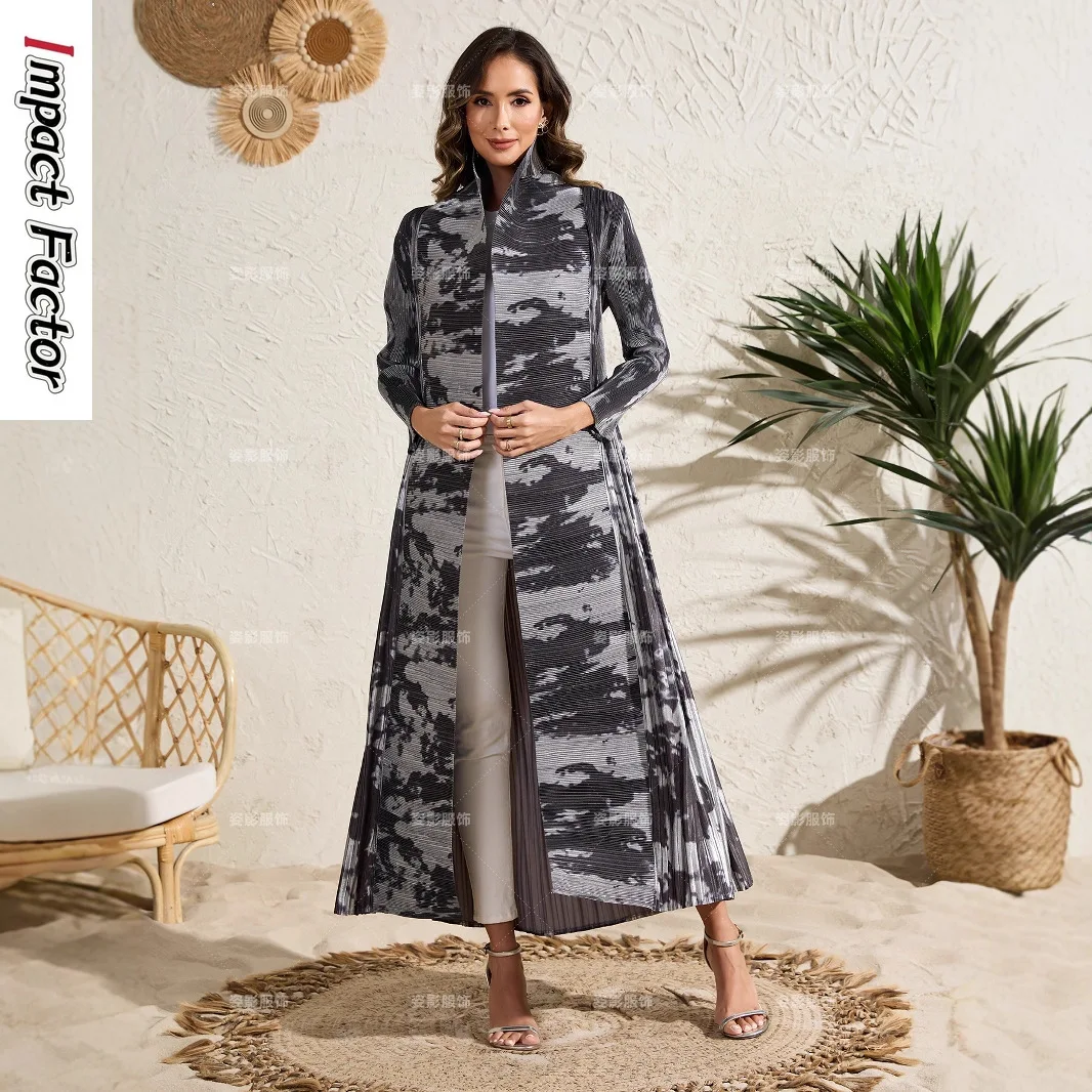 2025 Summer New Women's Miyake Pleated Printed Long Coat Fashionable Loose Long Cardigan Trench Coat