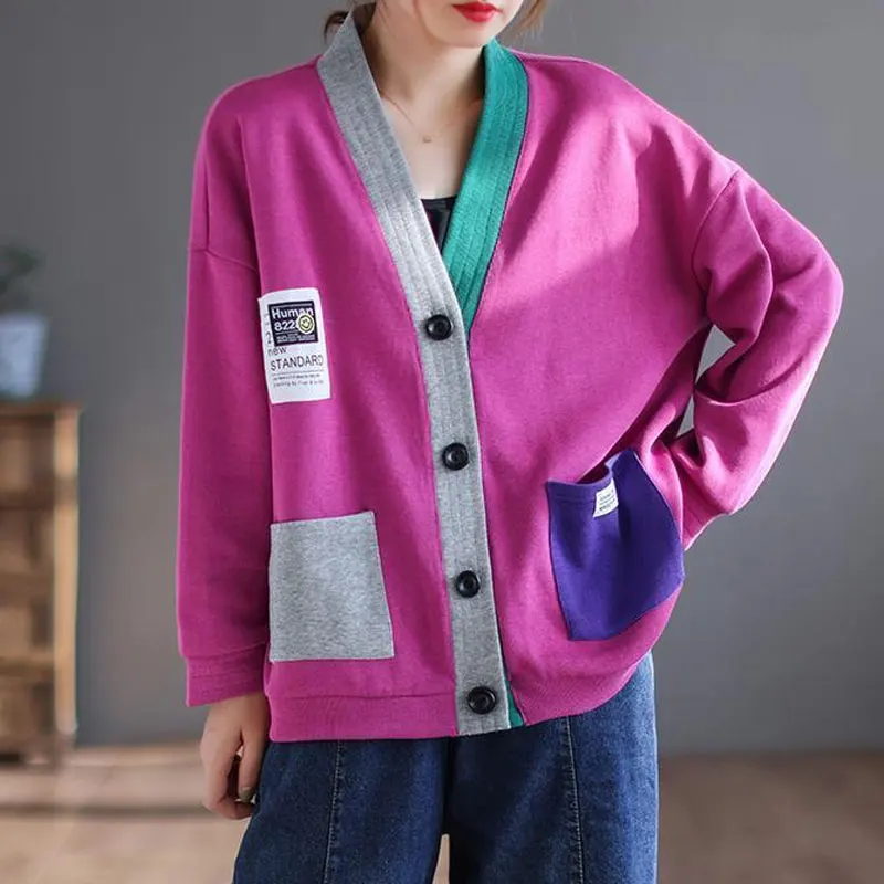 Female V-Neck Cardigan Stylish Streetwear Single-breasted Casual Solid Color Patchwork Contrasting Colors Autumn Winter Sweaters