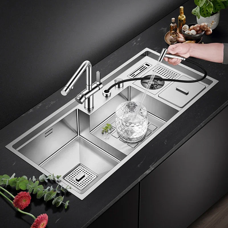 Large Size SUS 304 Stainless Steel Cup Rinser kitchen Sink 220mm Depth 4mm Thickness Handmade kitchen Sinks With Trash Can