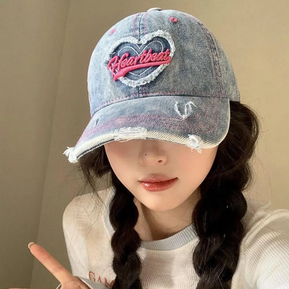 Berretto da baseball vintage Love casual stile coreano Y2K visiere con lettera ricamo cappello con visiera berretto snapback in denim da viaggio