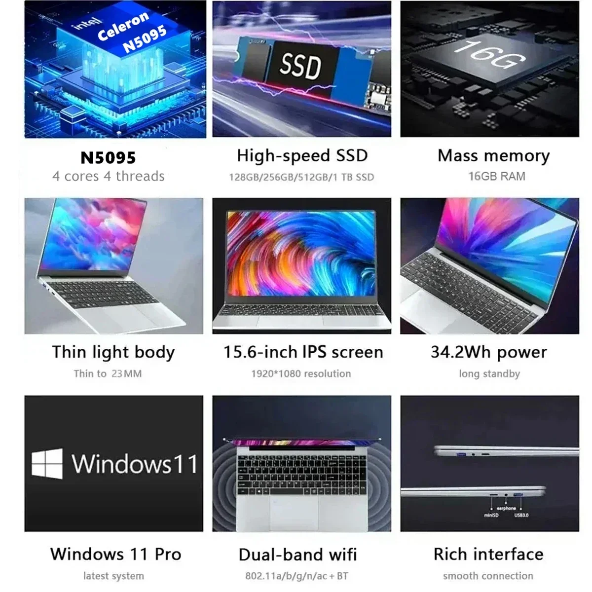 CARBAYTA 15.6인치 노트북 컴퓨터 인텔 N5095 노트북 PC 16GB 32GB DDR4 128GB-2TB SSD 오피스 스터디 PC 윈도우 11 1080P 노트북