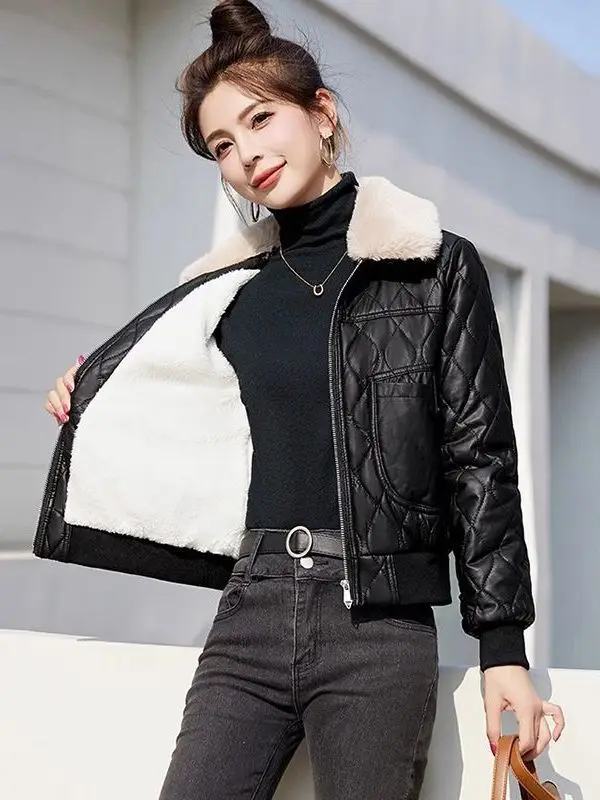 

Fce Lined Leather Jaet Women's ort Thi Warm Cotton Coat Casual Sle Stand Fit Long Sve Zipper Closure PU Leather