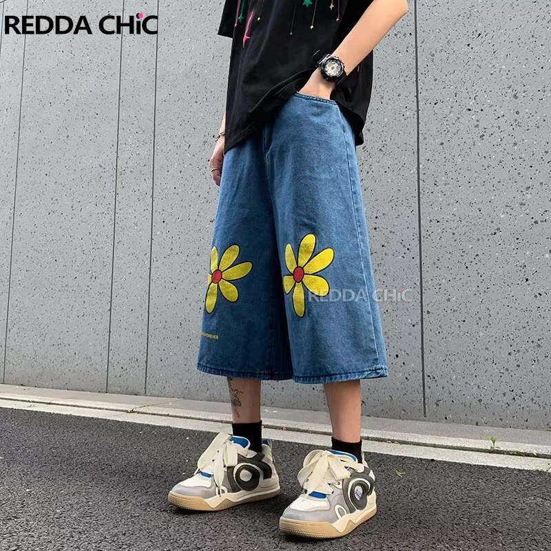 

REDDACHIC Fun Print Daisy Men Baggy Jorts Vintage Blue Jeans Wide Leg Demin Shorts Oversized Casual Pants Korean Summer Clothes