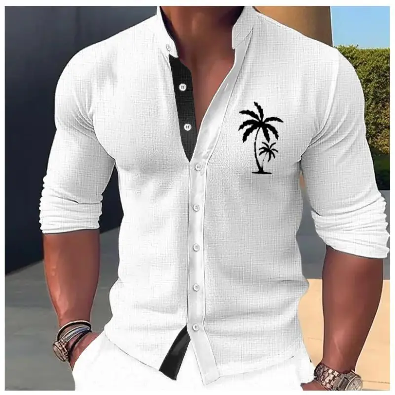 2023 Autumn new Hawaiian men\'s and women\'s shirts, 3D printed coconut trees breathable four-sided elastic Long-sleeved shirt 3xl