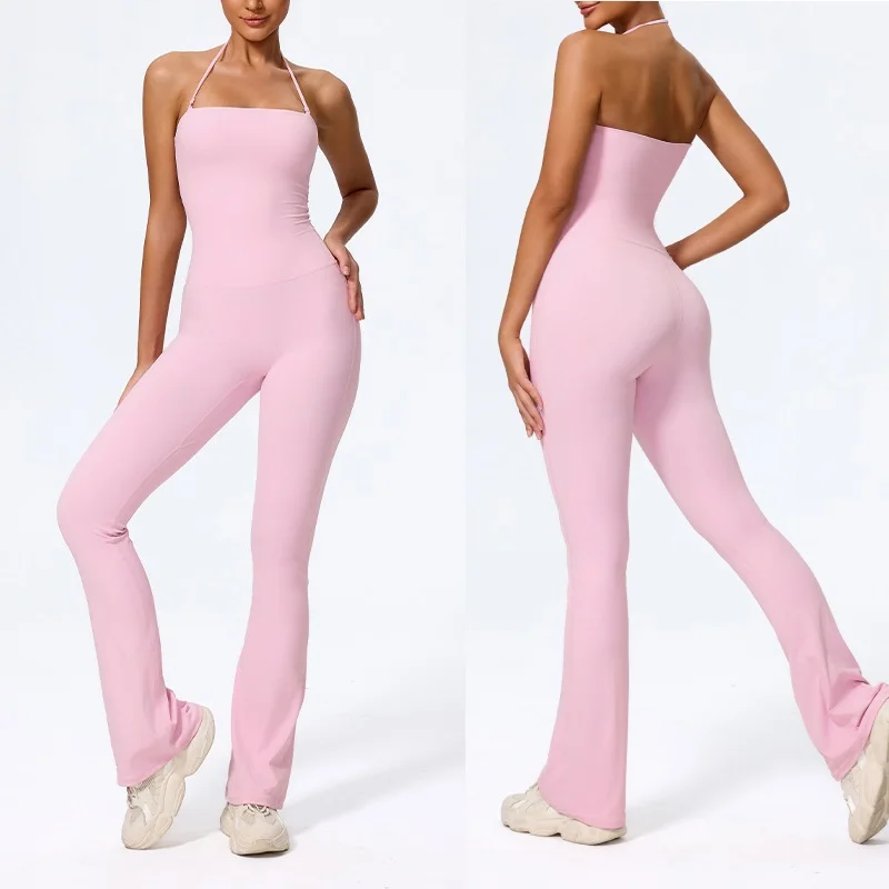 

Halter Women's Sports Bodysuits Gym Yoga One Piece Jumpsuits Backless Flare Pants Overalls Workout Fitness Sportswear Leggings