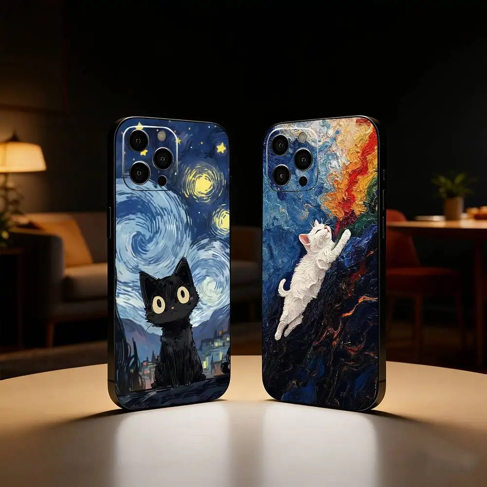 

V-Van Gogh Starry Night Sunflower Cat Phone Case For iPhone17,16,15,14,13,12 Plus,Max Soft Silicone Black Cover