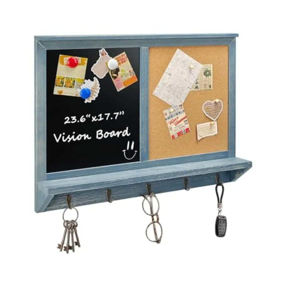 

Chalkboard and Cork Board Chalk Board and Bulletin Board Combo 17.7"×23.6" Wall-Mounted Mail Sorter and Key Hooks Solid Pine Wo