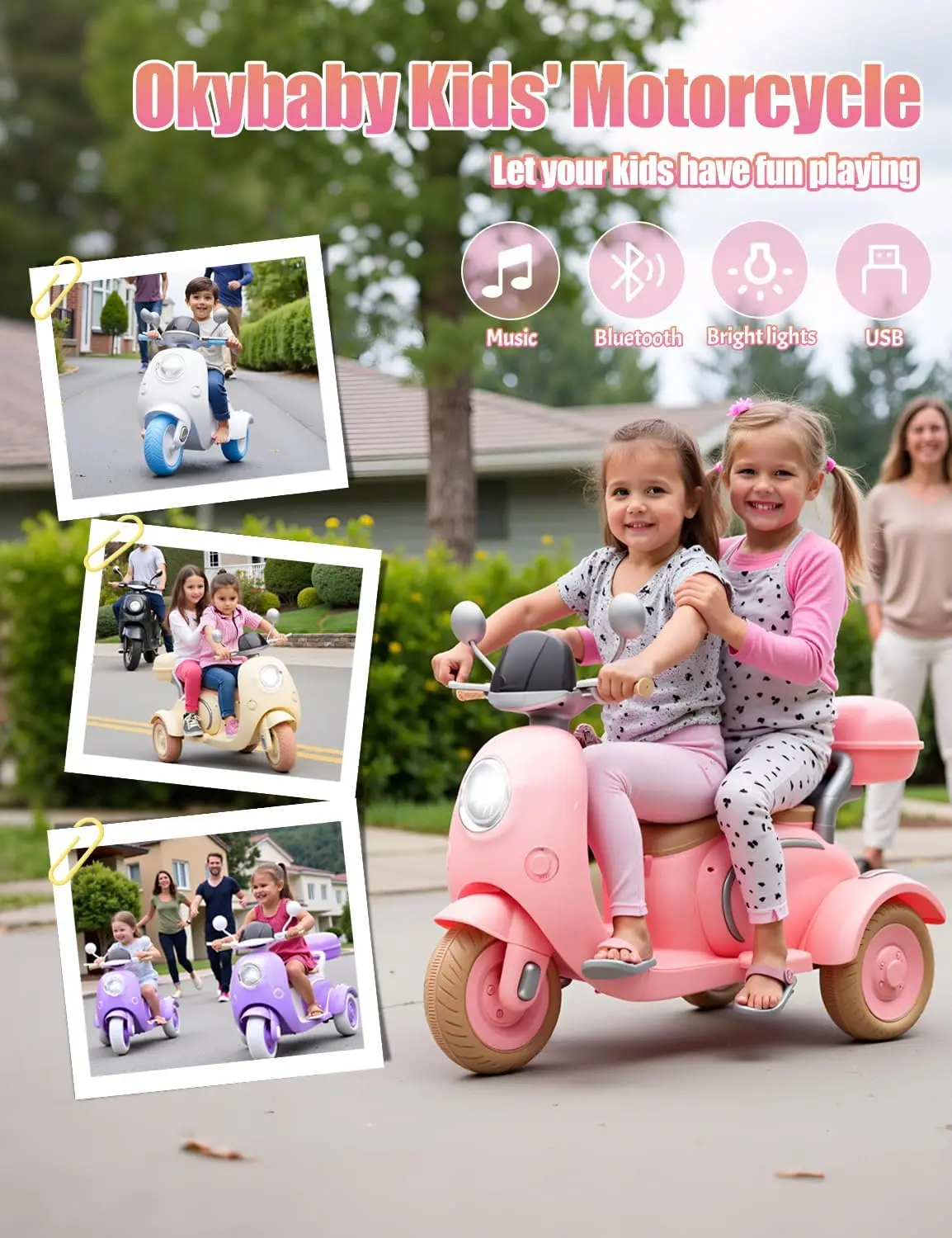 12v crianças motocicleta elétrica bicicleta elétrica para criança 3-6 3 rodas passeio na scooter com usb, bluetooth, luzes 2 assentos motor duplo