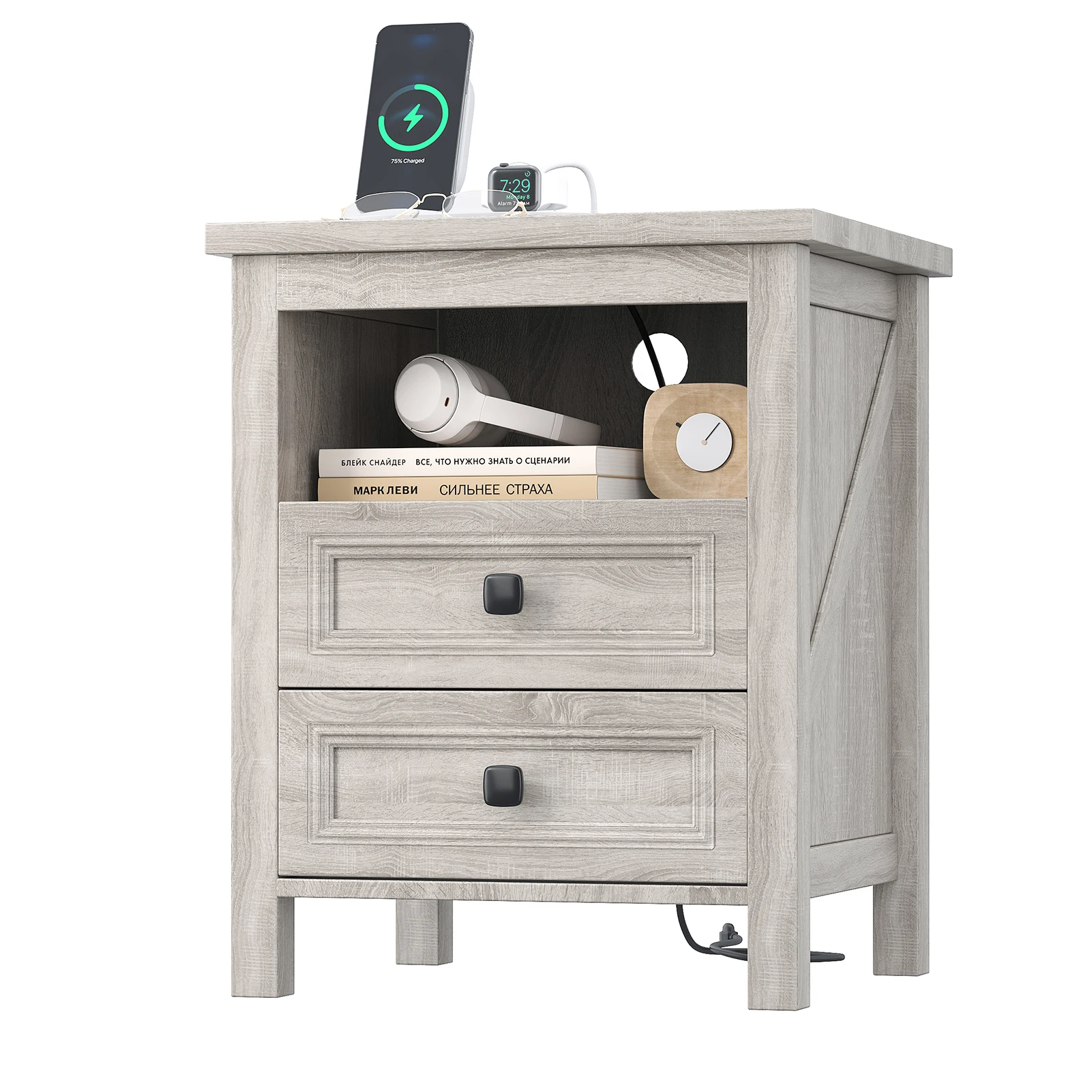 Nightstand with Charging Station and USB Port Wood Farmhouse Side End Table w 2 Drawers and Open Shelf for Bedroom Living Room