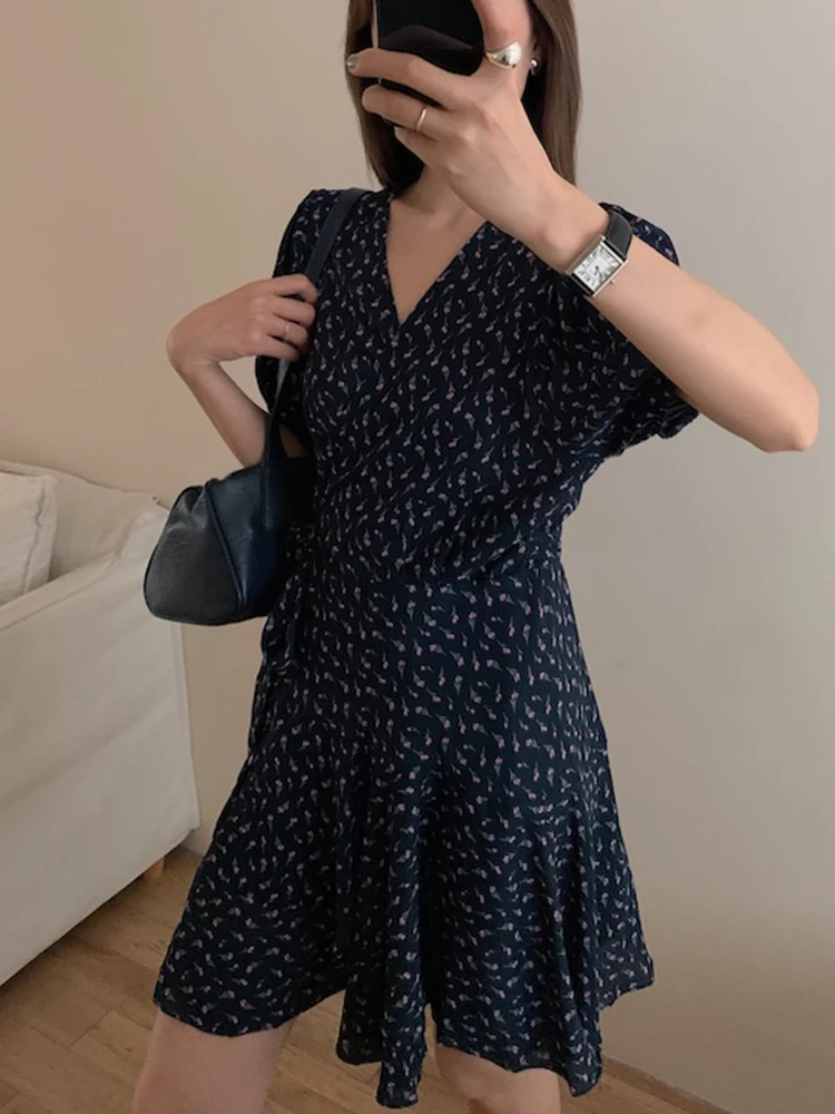 

One Pieces Floral Women Dress Korean Lace Up Puff Sleeve Fashion Mini Dress V Neck Chic Casual Commuting Simple Female Dress