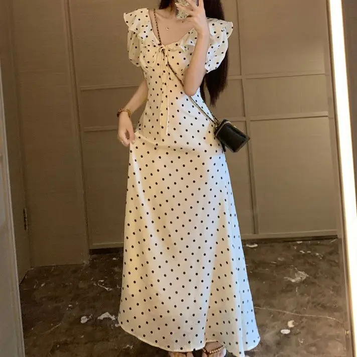 New French Polka Dot Waist Slimming Bubble Sleeve Dress with Women's Lace Up A-line Long Skirt for Children