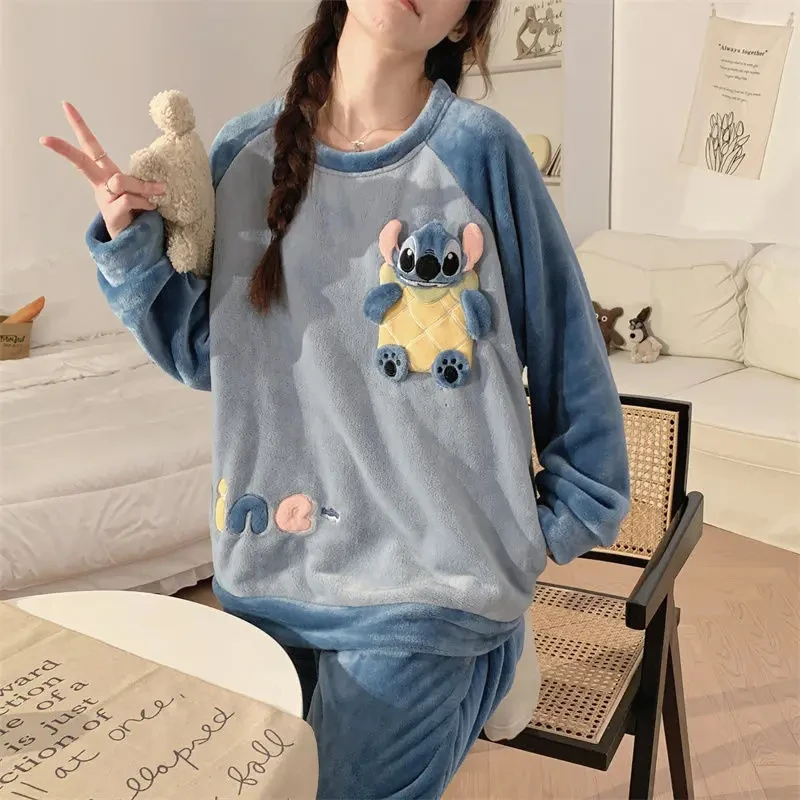 Kawaii Stitch Anime Cartoon Winter Coral Fleece Thicken Pajamas Round Neck Keep Warm Plush Soft Two Piece Set 2024 New Style Hot