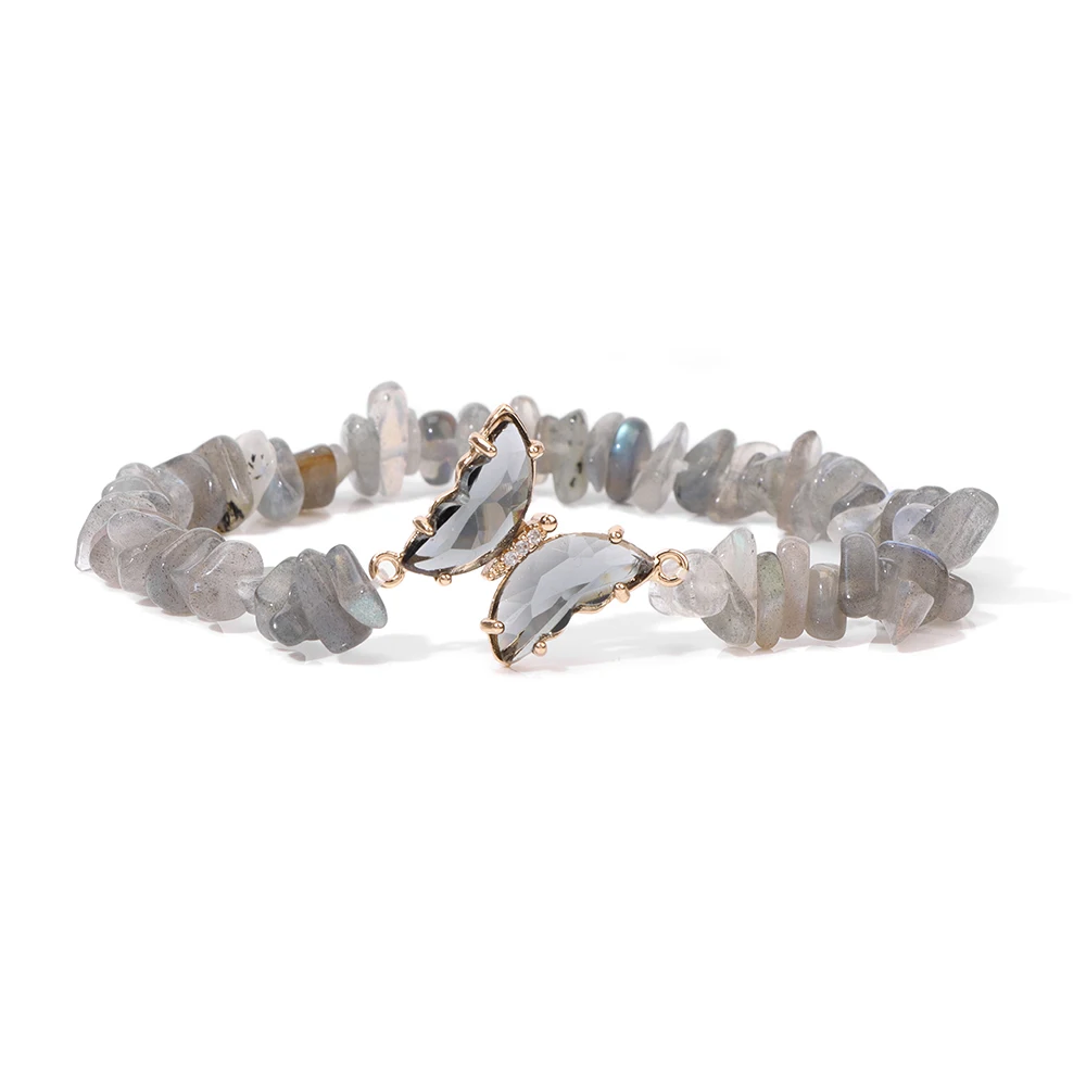 Natural Stone Crystal Butterfly Bracelet Irregular Lapis Lazuli Malachite Gravel Chip Beads Stretch Bracelets For Women Men