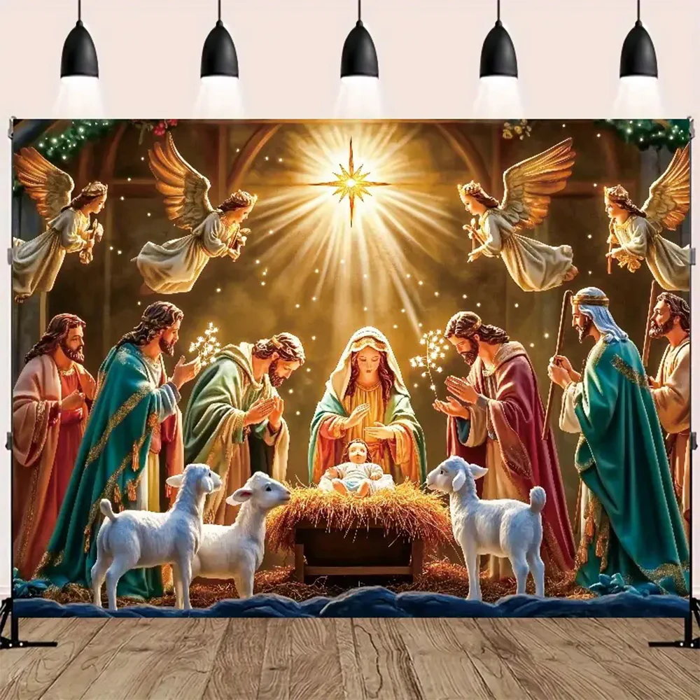 Nativity Scene Starry Night Tapestry Wall Hanging Religious Manger Scene Tapestries Traditional Christmas Birthday Wall Decor