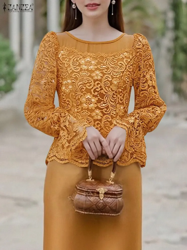 

ZANZEA 2022, осенняя кружевная лоскутная блузка, женские стильные топы с длинными рукавами, офисная рубашка, элегантная облегающая блузка с вырезами, Blusas Femme