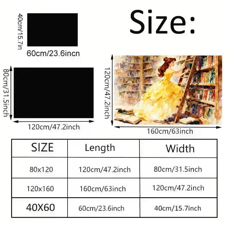 1PC Disney Princess Belle Library Watercolor Floor Mat (50x80cm), Beauty and the Beast Bookshelf Aesthetic Area Rug, Soft Non-Sl