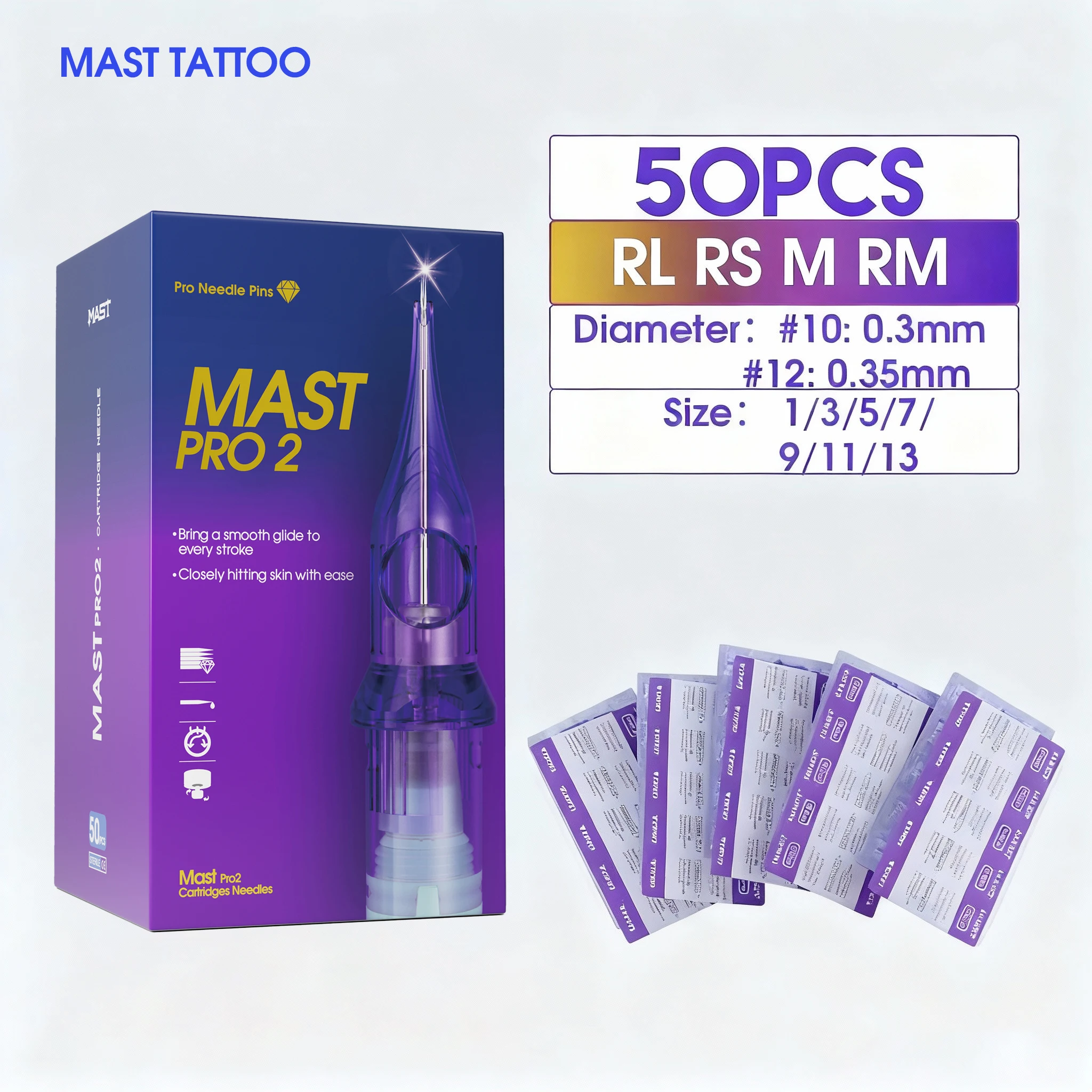 

50pcs Mixed Size Mast Pro 2 Cartridge Needle Supplie for Tattoo Machine Gun RL RM M RS Needle Tips for Permanent Makeup Body Art