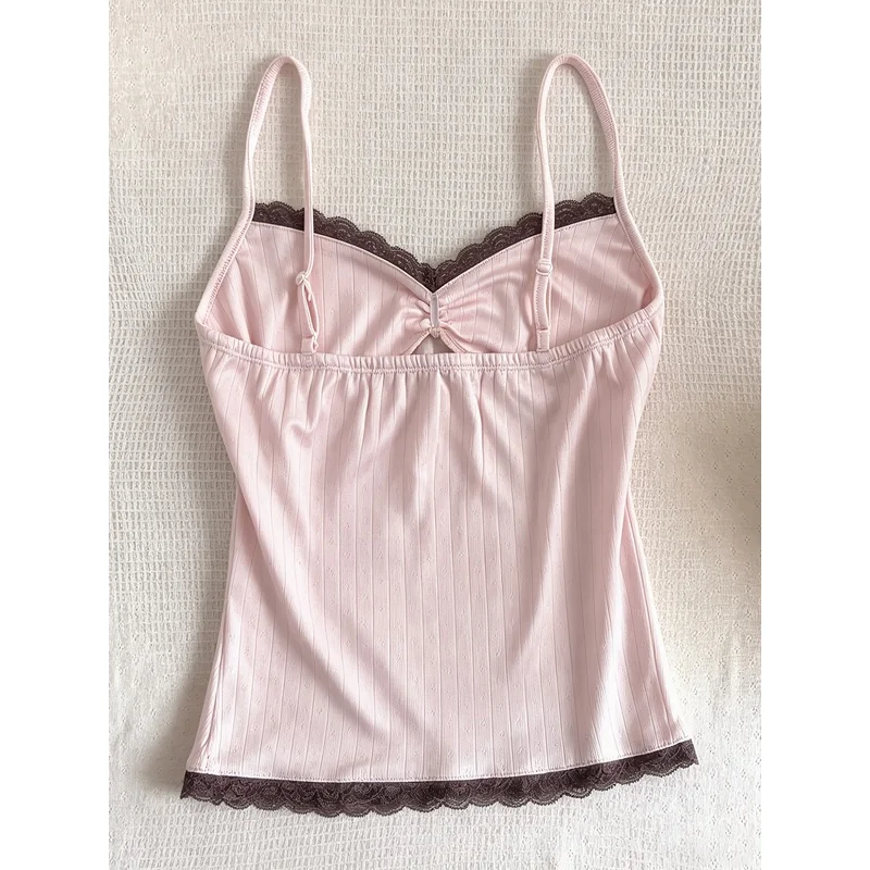 2026 Summer New Pink Vertical Pit Stripe Jacquard Lace Trim Camisole V-Neck Ruched Front Adjustable Straps Inner Top