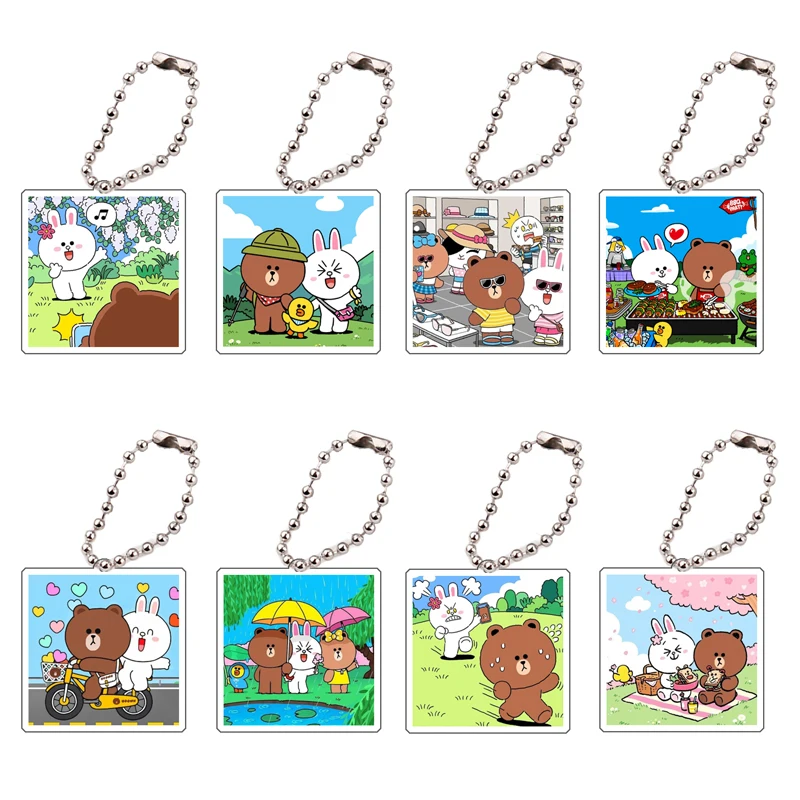 Line Friends Keychain New Anime Peripheral Kawaii Brown Cony Sally Square Pendant Choco Diy Acrylic Accessories Toys Gifts