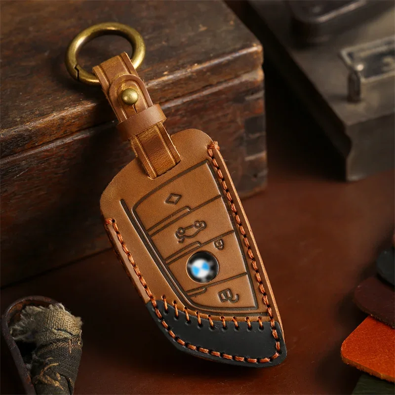 

Handmade Crazy Horse Leather Car Key Case Cover Shell Protector For BMW X5 F15 X6 F16 G30 7 Series G11 X1 F48 F39 Keyless