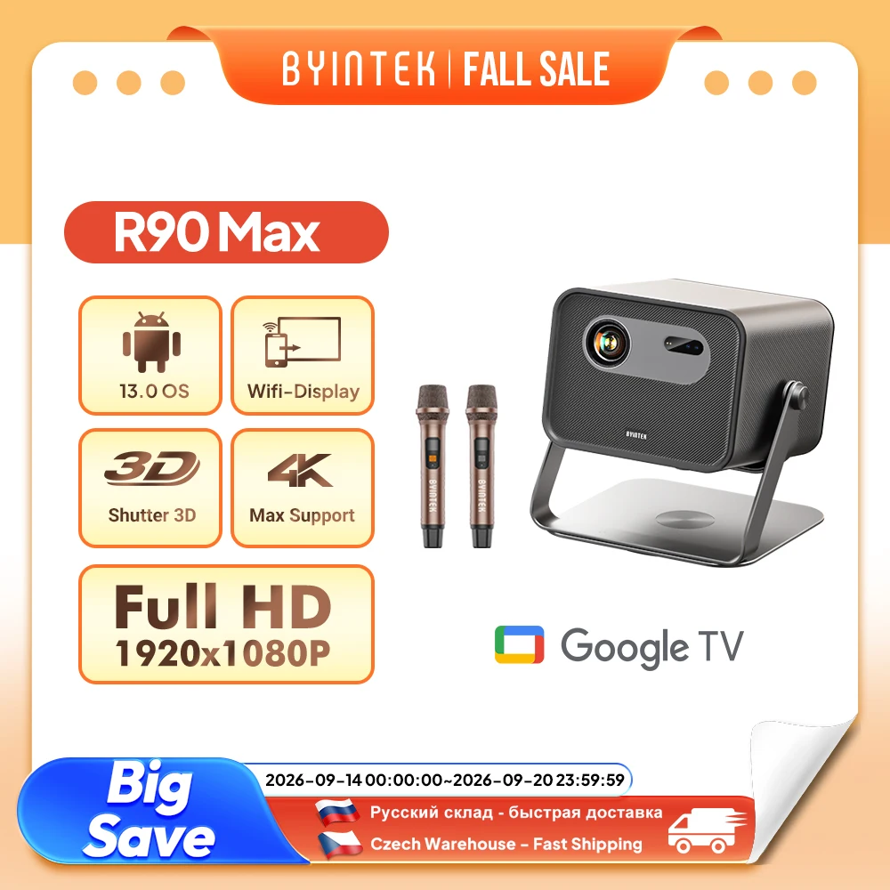 Projetor BYINTEK R90 Max Magic 4 Max Full HD 1080P 4K Google TV 11.0 DLP 2200 ANSI Lumens Suporte 3D 4K