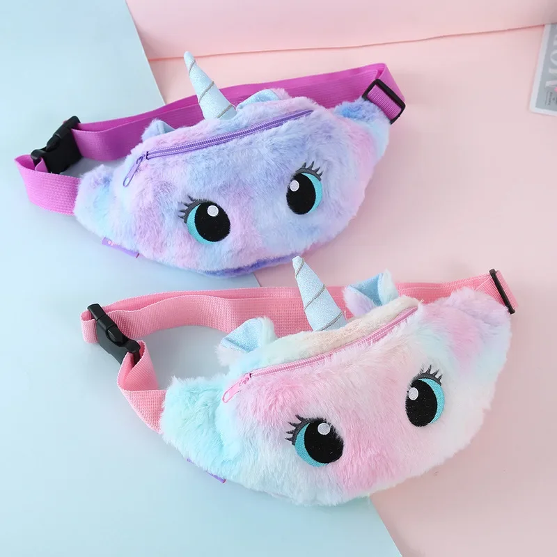 Girls Waist Bag Children's Fanny Pack Cute Unicorn  Plush Toys Belt Gradient Color Chest Bag Cartoon Coin Purse Travel Chest Bag