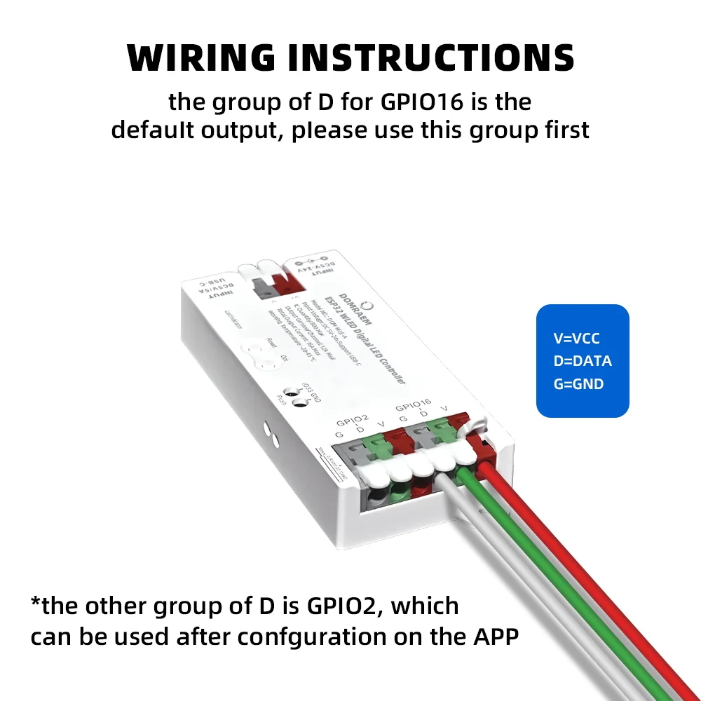 DOMRAEM ESP32 USB-C WLED Digitaler LED-Controller RGB IC DIY APP 16A Sicherung Funktioniert mit HA/MQTT/Alexa WS2811/12/12B/14/05 Sk6812 Streifen – Detail 6