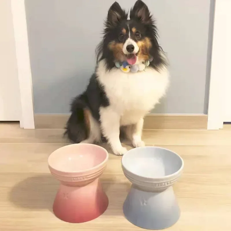 Ceramic colored cat bowl Pet bowl Cat bowl High foot protection Large diameter Large size cannot be turned over