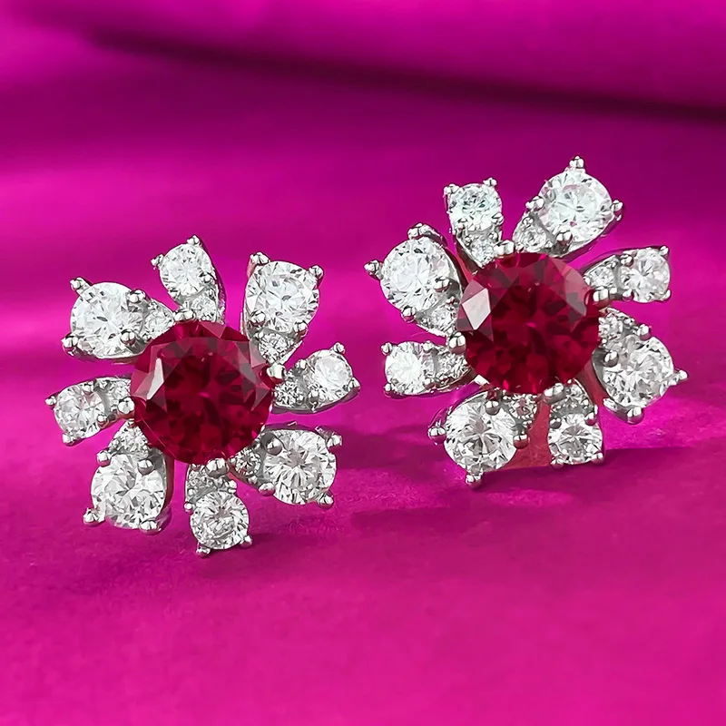 

New Pigeon Blood Red One Carat Round Diamond Sunflower Petal Niche, High-end Feeling, Light Luxury, Fashionable Earrings Niche