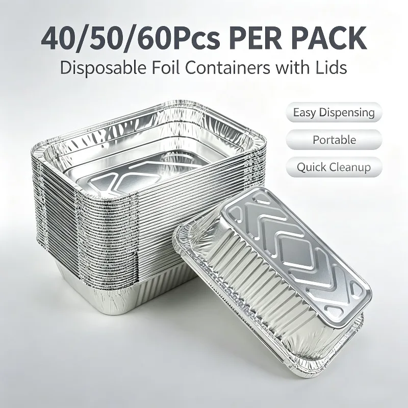 40/50/60Pcs Aluminum Foil Containers With Lids Rectangular Disposable BBQ Trays Oven Safe For Baking Barbecue Kitchen Cooking