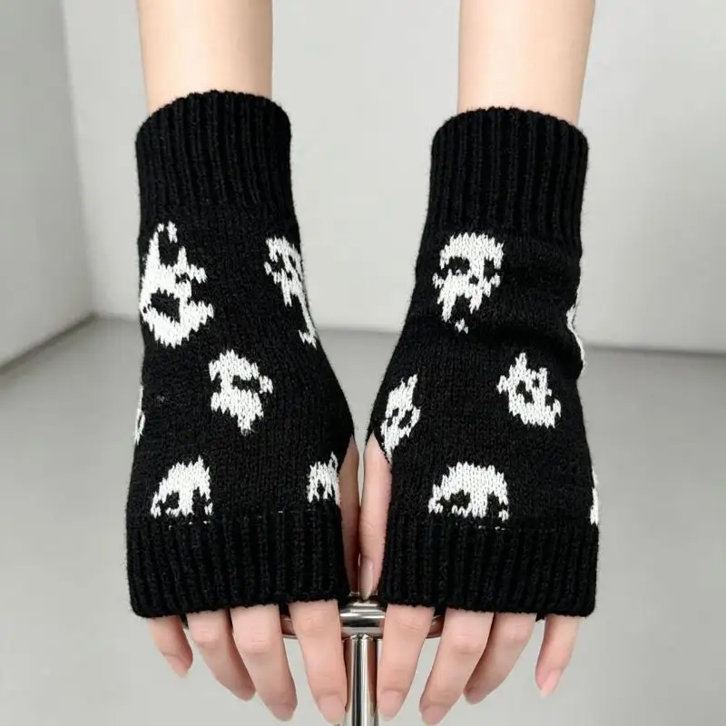 Halloween Skull Half Finger Knitted Gloves Phone Friendly Soft Fingerless Gloves for Work Commute Halloween Party
