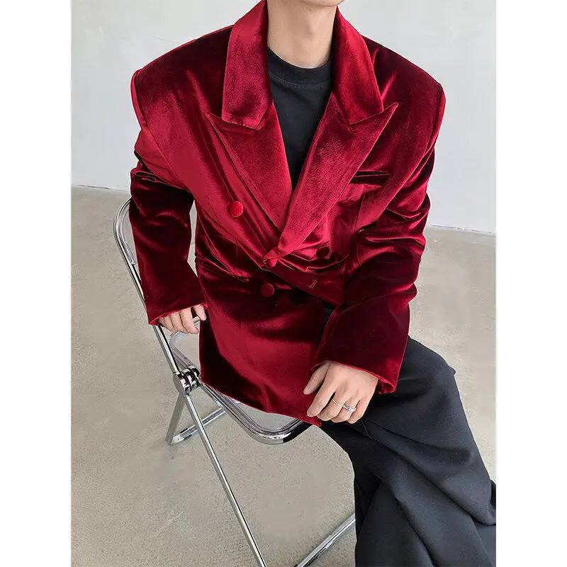 

Red New Year Men's Faion Pad oulder Velvet Surface Double Breasted Suit Jaet Spring 2025 Casual Straight Hemline