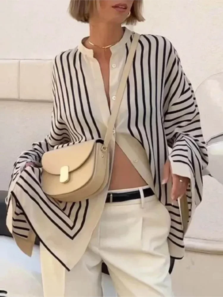

Autumn Woman's Elegance Color Matching Striped Printed Shirt Fashion O-neck Long Sleeves Loose Top Ladies Spring Casual Blouses