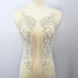 1 Pair Rhinestone Beaded Flower Applique Crystal Bodice Flowers Patch DIY Wedding Decor Repair