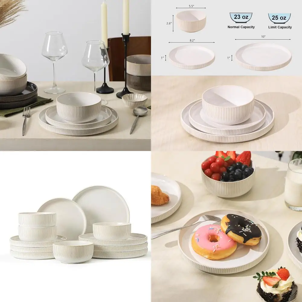 

12-Piece Stoneware Dinnerware Set with Reactive Glaze, Scratch-Resistant Porcelain, Dishwasher and Microwave Safe, Vintage White