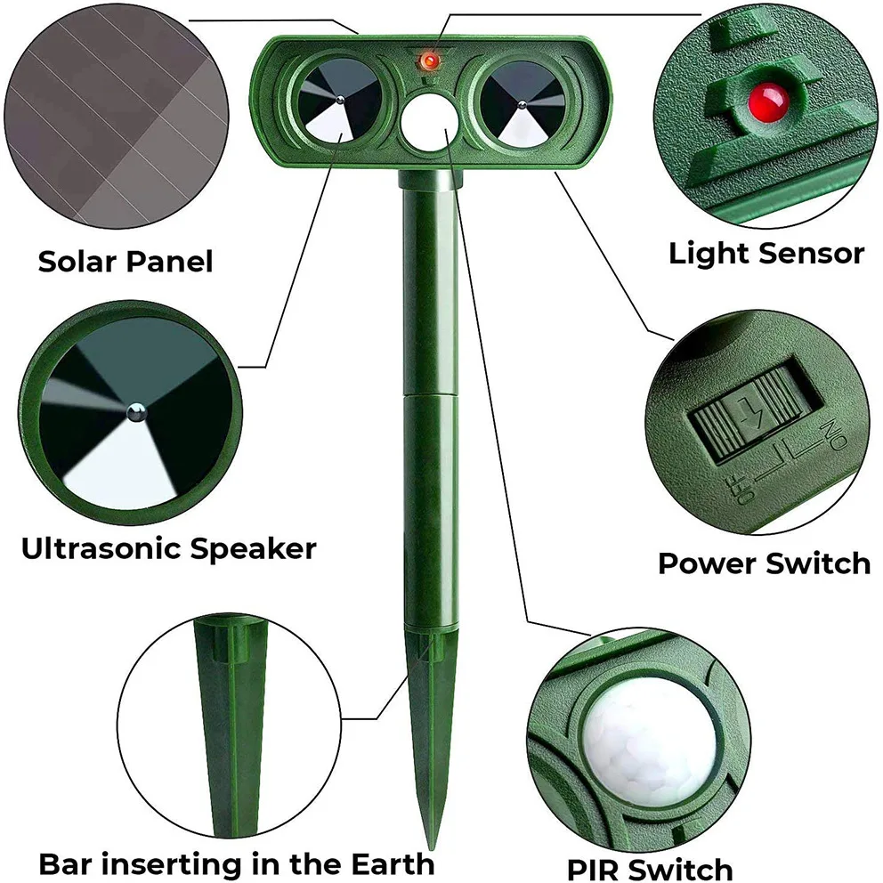 Répulsif à ultrasons pour animaux, chasseur d\'animaux à énergie solaire, dissuasif pour chat, chien, oiseau, souris, extérieur, jardin, son