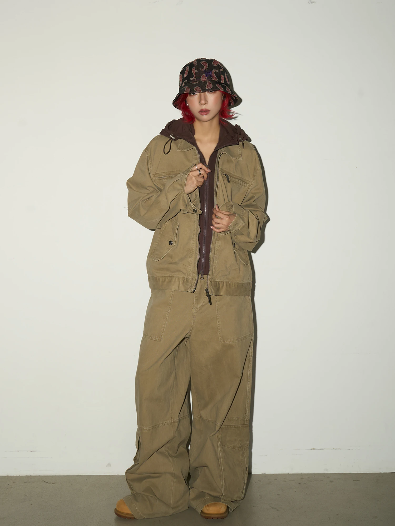 

MICHINNYON Retro Sle Detachable Hooded Workwear Set Multi-ket Fake Two-Piece Cotton Spring Collection ex