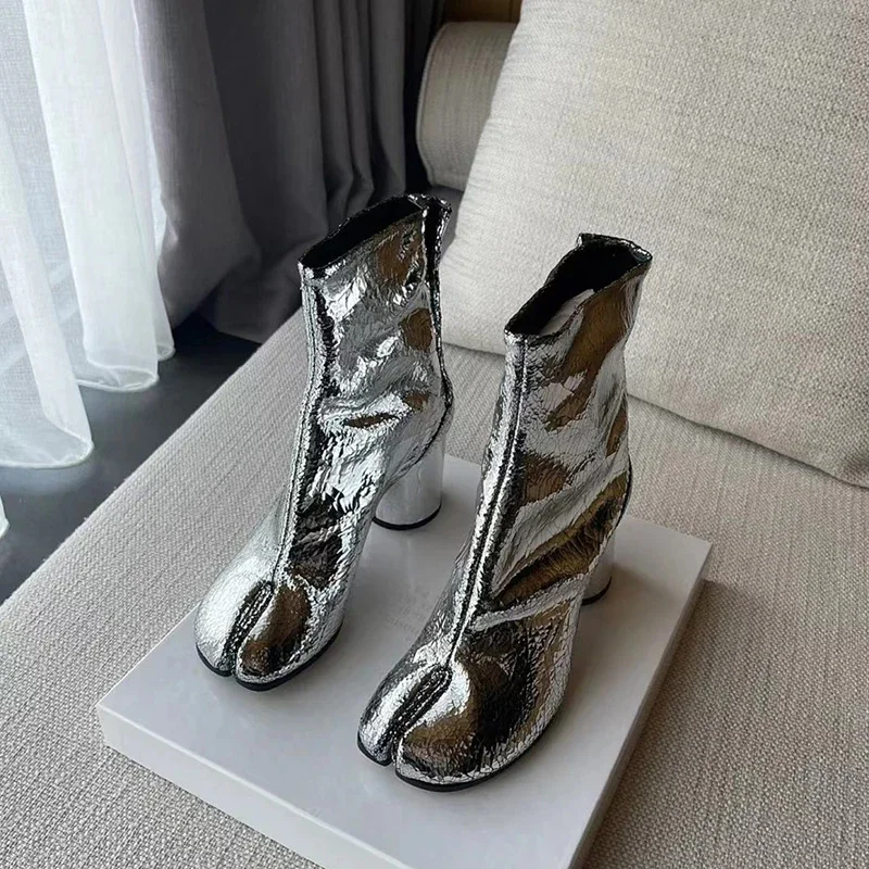 Luxury Brand Designer Genuine Leaher Tabi Shoes Broken Mirror Silver Chunky Heels Booties Split Toe Ankle Boos for Women