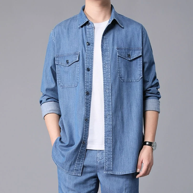 

High-end Summer Thin Men's Clothing Tencel Denim Coat Loose Large Size Shirt Handsome Social Fashion Top Clothes Business Spring