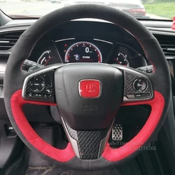 For Honda Civic 11th 10th Civic9th Interior Hand-sewn Black Red Suede Car Steering Wheel Cover Modified Accessories