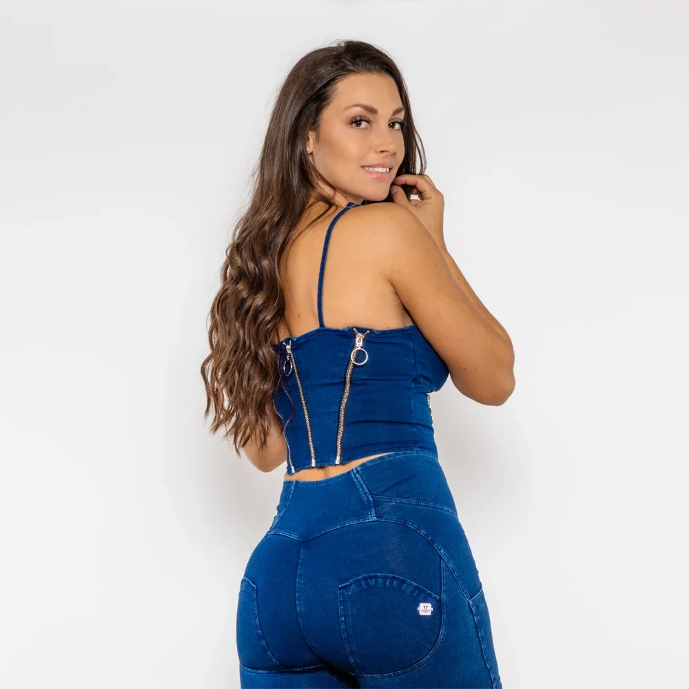 Shascullfites Melody Shapers Dunkelblaues Denim-Camis mit Reißverschlüssen, bauchfreies Top für Damen, schmale Passform, ärmelloses Träger-Tanktop – Detail 6