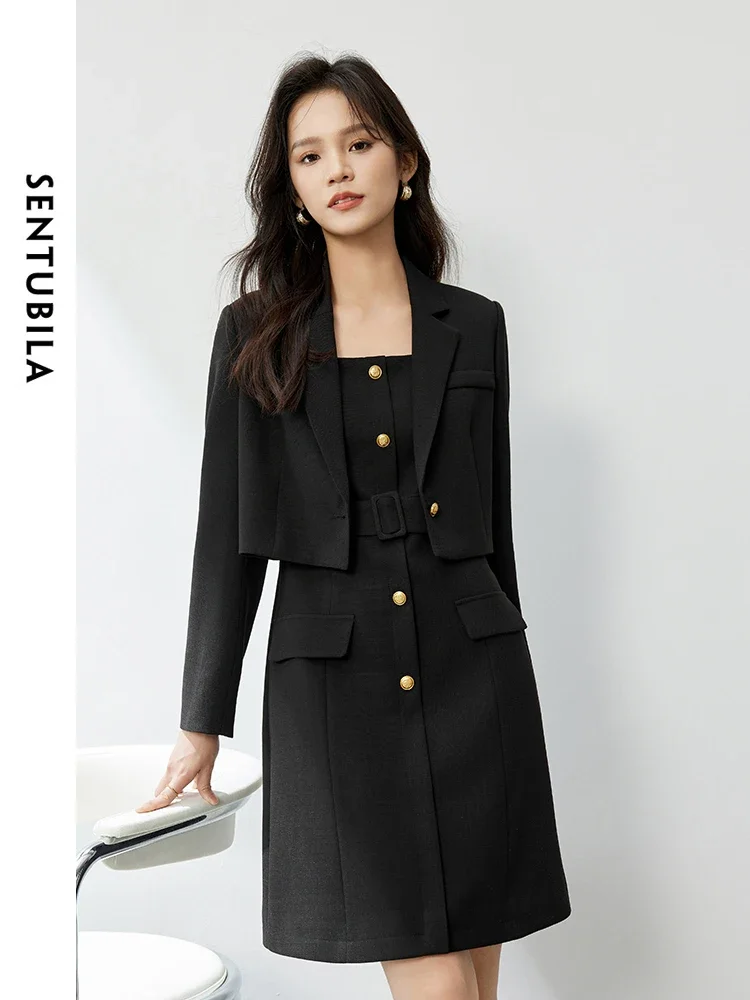 

SENTUBILA Black Blazer Sets Women Two Piece Outfits 2024 Spring Autumn Notched Cropped Jacket Straight Dress Suits 141Z54184X