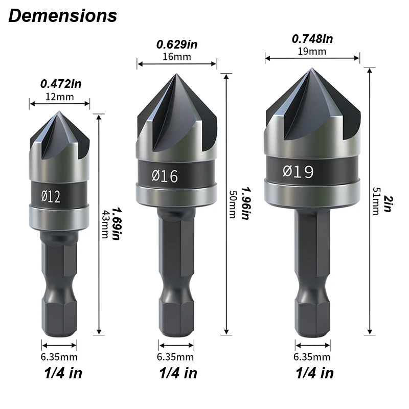 HSS Chamfer Drill Set 90 Degrees Countersink Boring Bit For Woodworking Quick Change Countersunk Hex Shank Carbon Steel Tools